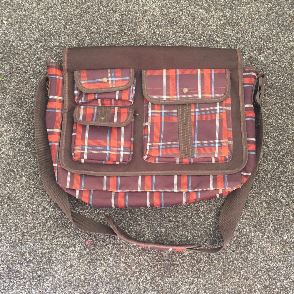 Brown Plaid Messenger Laptop Bag